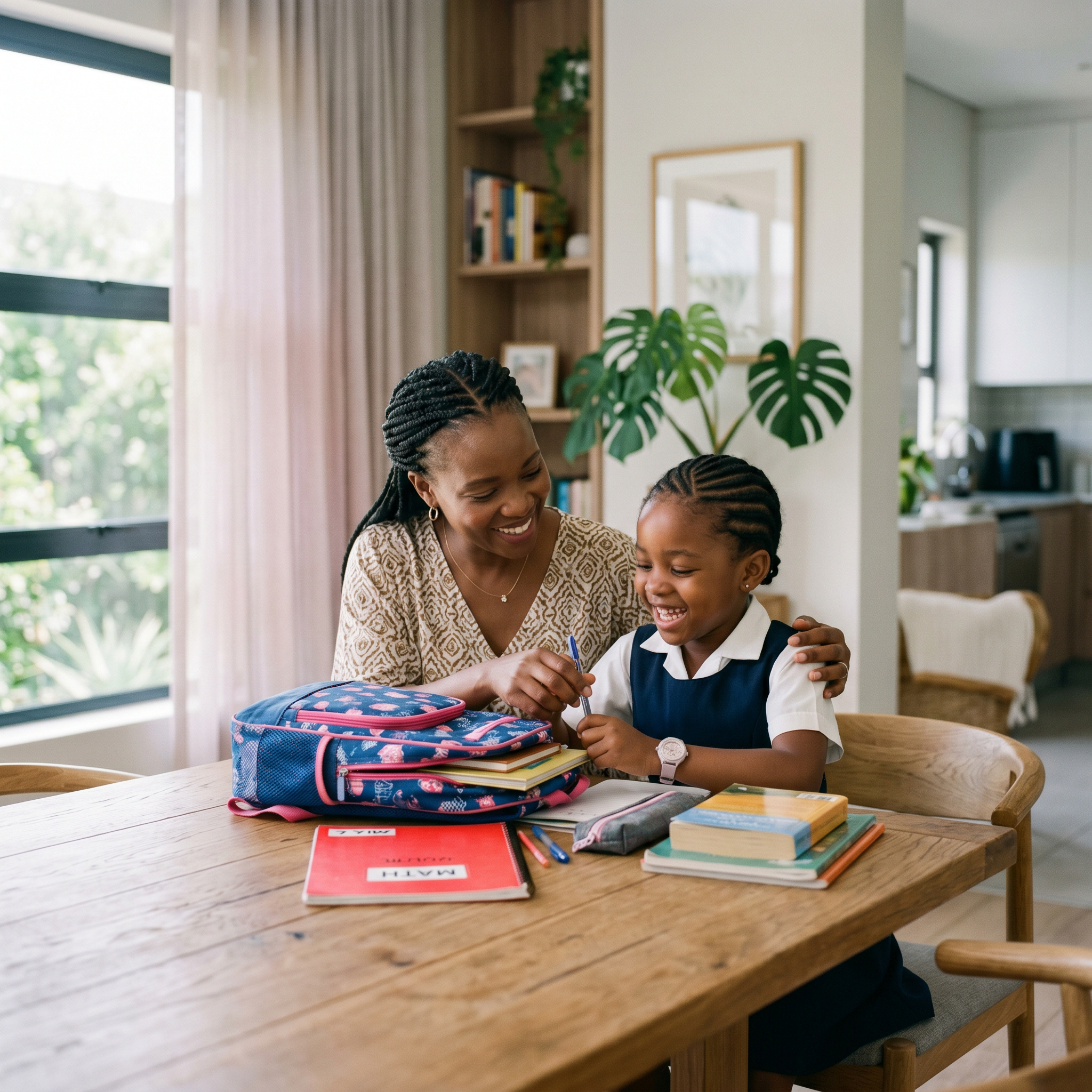 A parent helping a young child prepare school materials at home