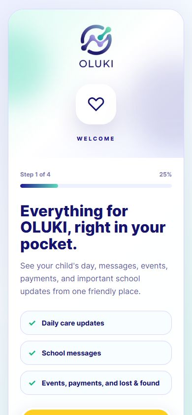OLUKI welcome screen showing daily care updates, messages, events, payments, and lost and found