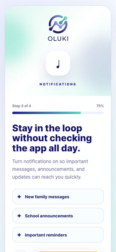 OLUKI onboarding screen showing parent communication